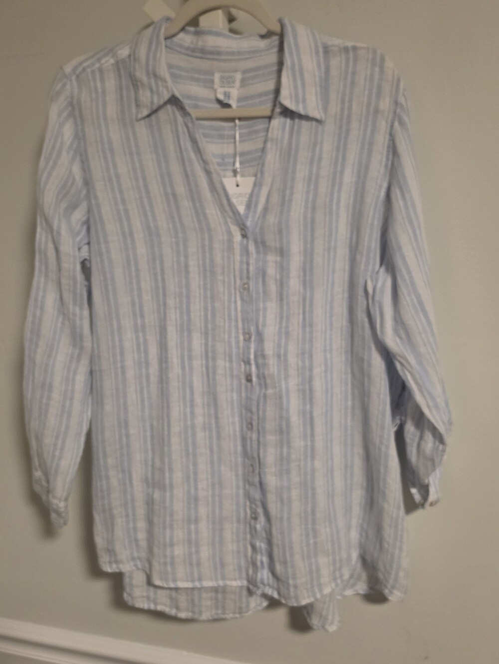 NWT Sigrid Olsen 100% Linen Striped Button Down Shirt 1X Blue White New!